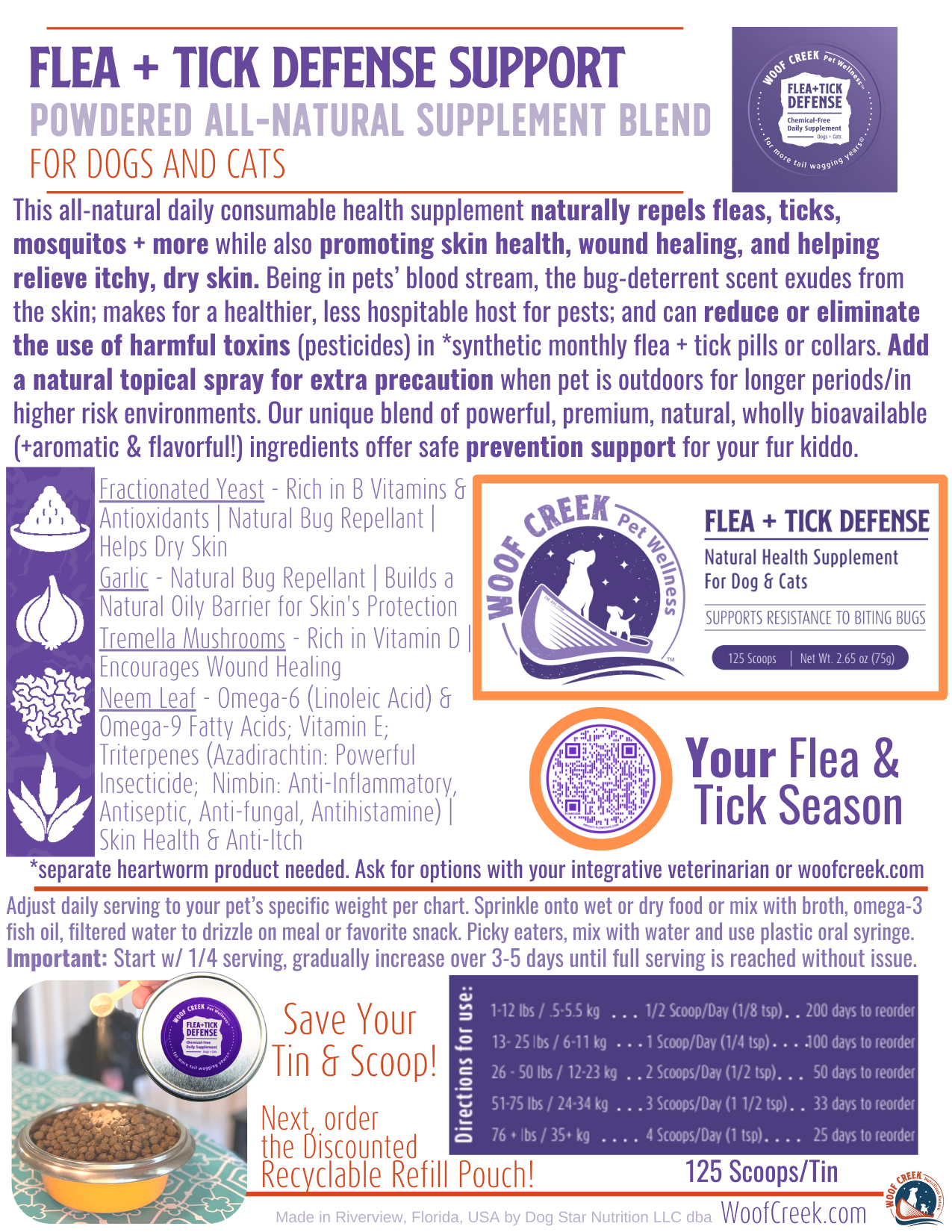 Large refill pouch of Woof Creek Pet Wellness flea and tick defense support pet superfoods, shown in a resealable pouch.