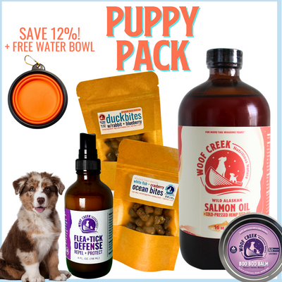 Puppy Pack | Natural Training Treats, Flea + Tick Defense + Lick-safe Healing Balm + Omega-3 - Woof Creek Pet Wellness