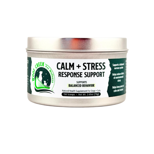 All-natural Calm and Stress Response Support pet supplement by Woof Creek Pet Wellness, featuring superfoods for dogs and cats.
