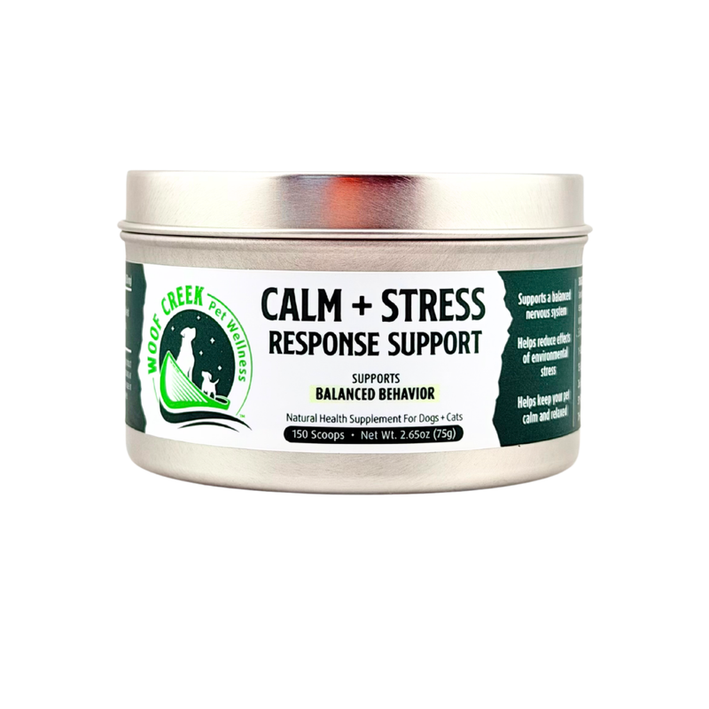 All-natural Calm and Stress Response Support pet supplement by Woof Creek Pet Wellness, featuring superfoods for dogs and cats.