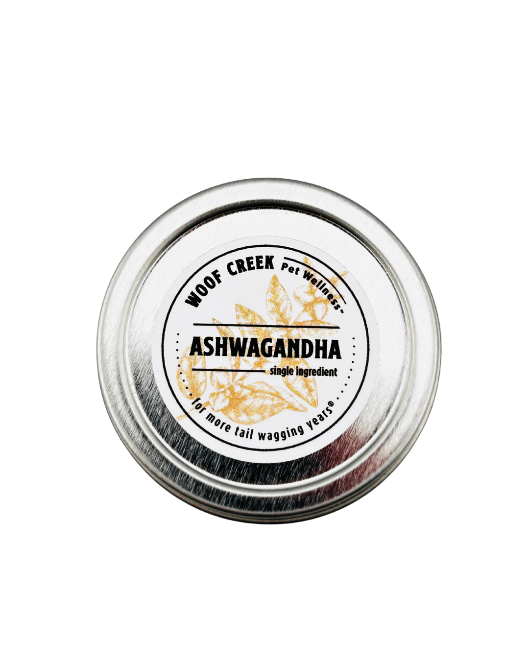 Dog and cat superfoods Ashwagandha root extract powder by Woof Creek Pet Wellness, natural supplement for pets.
