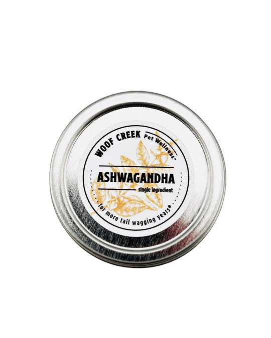 Dog and cat superfoods Ashwagandha root extract powder by Woof Creek Pet Wellness, natural supplement for pets.