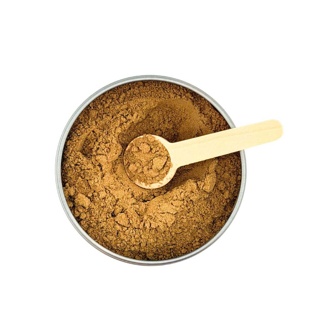 Woof Creek Pet Wellness Calm and Stress Response Support supplement for dogs and cats, natural pet superfoods in a tin container.