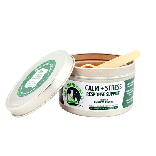 All-natural Calm + Stress Response Support supplement for dogs and cats in a Woof Creek Pet Wellness tin with a side view.