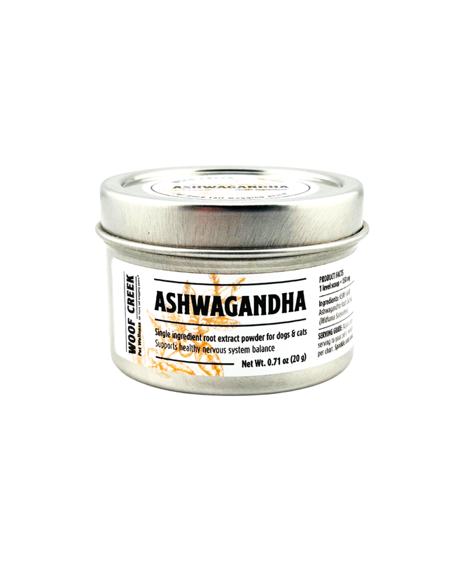 Woof Creek Pet Wellness Ashwagandha root extract powder for dogs and cats, a natural superfood supplement for pets.