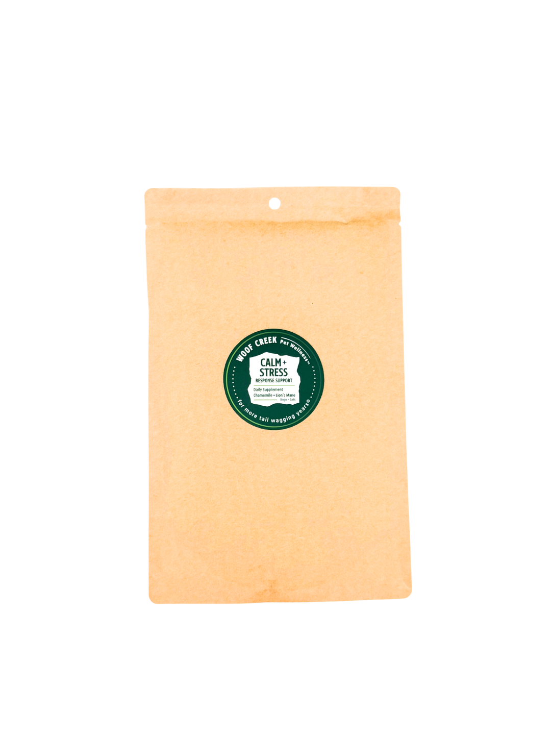 Woof Creek Pet Wellness Calm + Stress Response Support eco-refill pouch for dogs and cats, featuring superfoods for calming and stress relief.