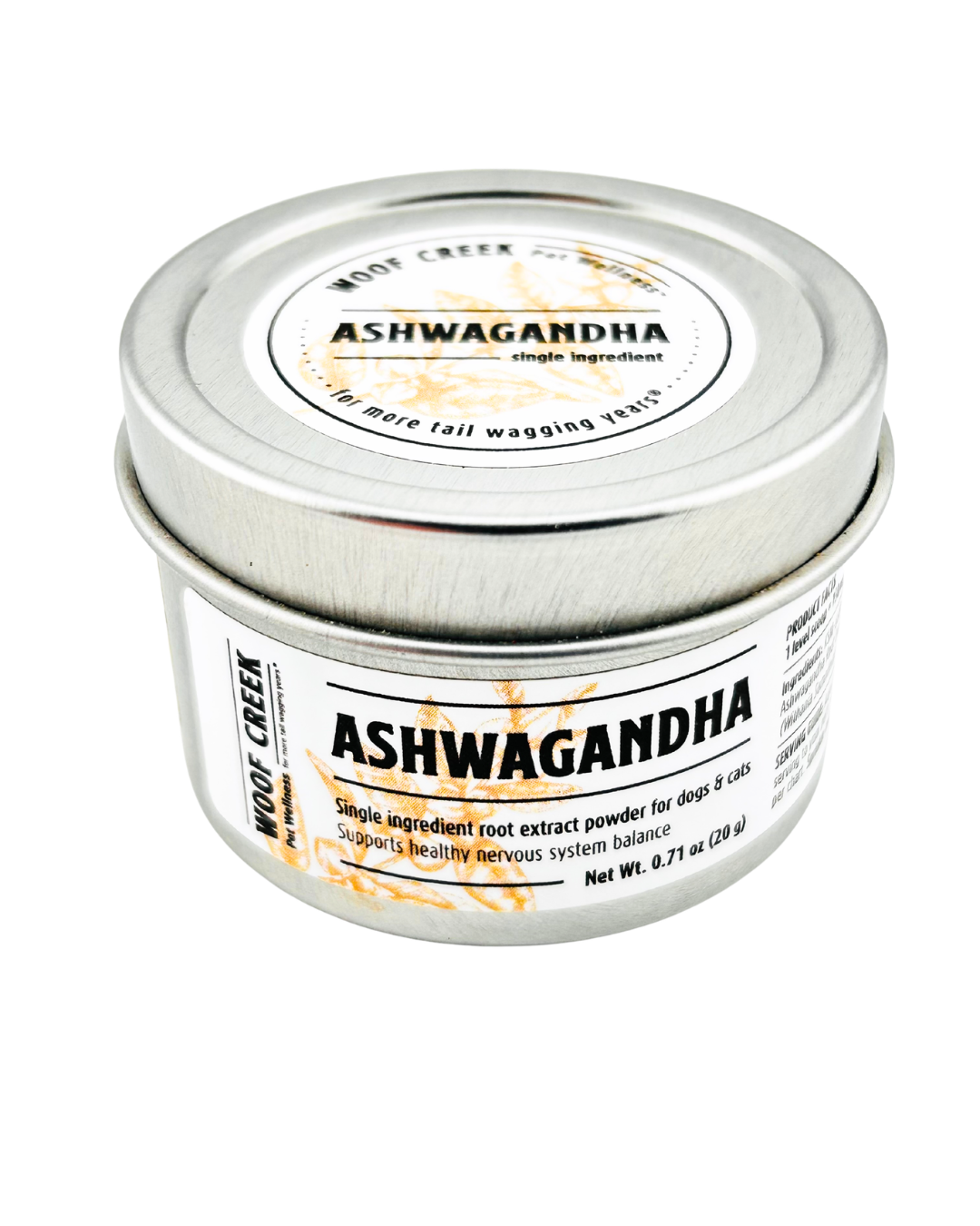 Woof Creek Pet Wellness Ashwagandha root extract powder, a natural superfood supplement for dogs and cats.