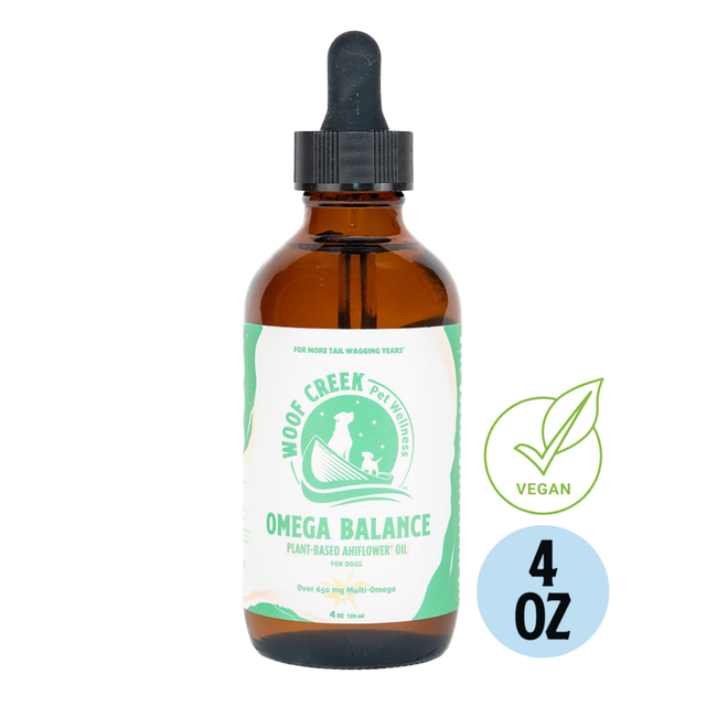Omega Balance Plant-Based Ahiflower® Oil in a 4oz glass bottle for dogs, from Woof Creek Pet Wellness, a pet superfood supplement.