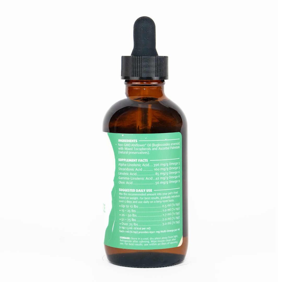 Woof Creek Pet Wellness Omega Balance Plant-Based Ahiflower® Oil in a glass bottle, ideal for supporting dog health and nutrition.
