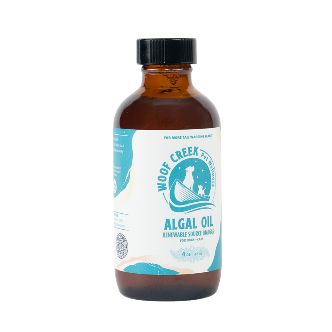 Algal Omega-3 Plant-Based Oil Topper | 4floz Glass Bottle for Dogs + Cats - Woof Creek Pet Wellness