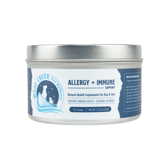 Allergy and immune support pet superfood supplement for dogs and cats by Woof Creek Pet Wellness, featuring natural ingredients.