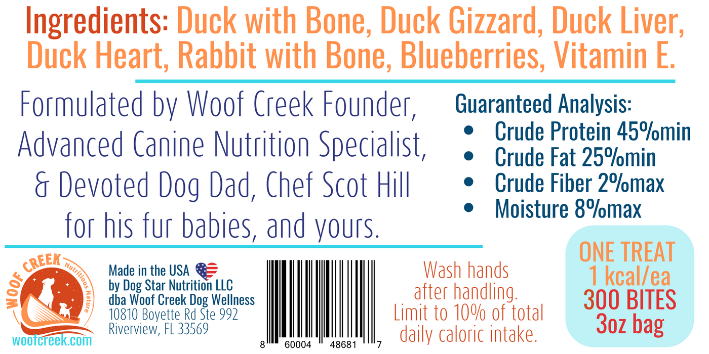 Natural Duck w/Rabbit + Blueberries Bites | 300-Bite 3oz Pouch - Woof Creek Dog Wellness