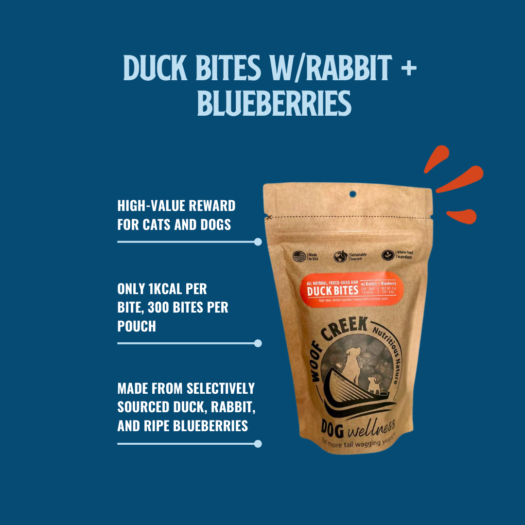 Natural Duck Bites w/Rabbit + Blueberries | 300-Treat 3oz Pouch for Dogs + Cats - Woof Creek Pet Wellness