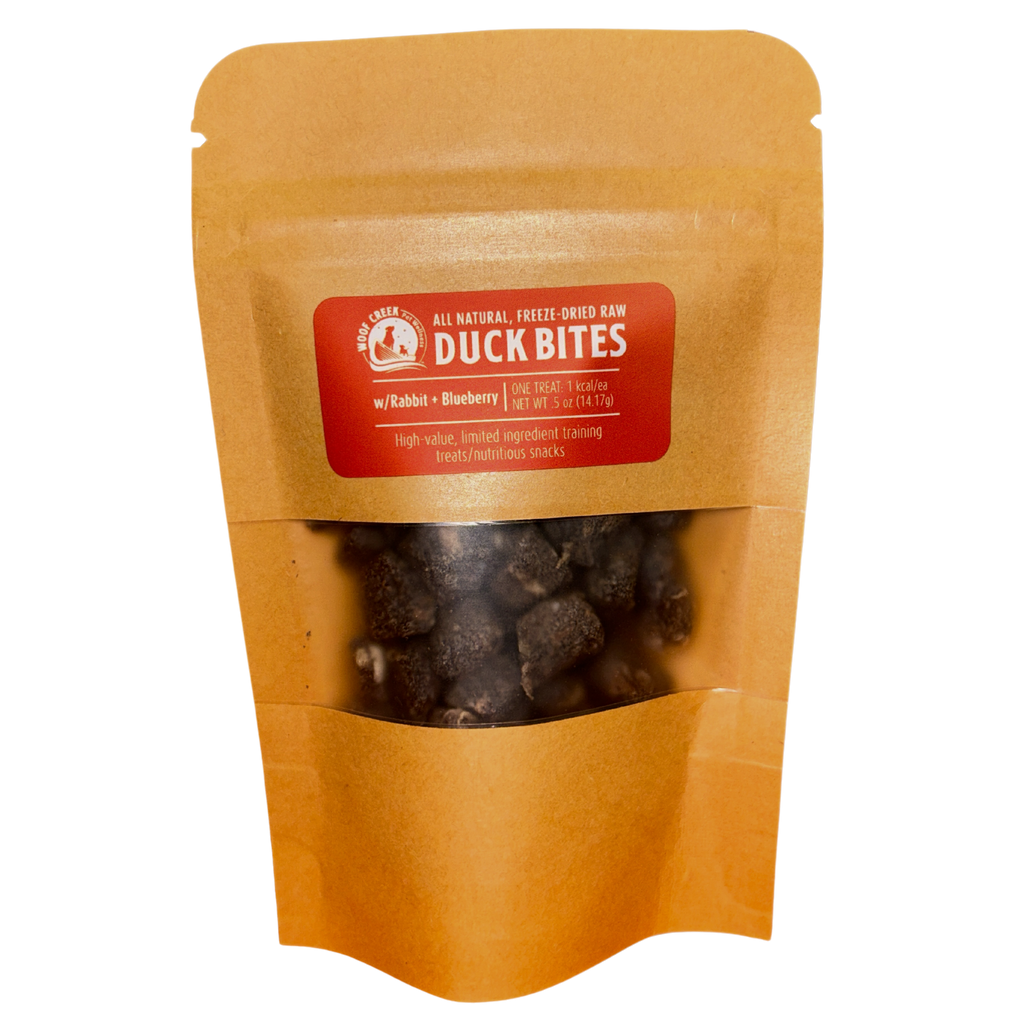 Natural Duck Bites w/Rabbit + Blueberries | 50-Treat .5oz Sampler Pouch for Dogs + Cats - Woof Creek Pet Wellness