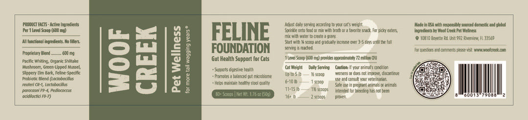 Feline Foundation product label showing ingredients, feeding chart, and product facts