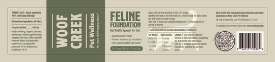 Feline Foundation product label showing ingredients, feeding chart, and product facts