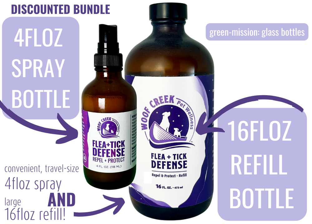All-Natural Flea + Tick Defense Repellant for Dogs + Cats | 4OZ Spray + 16OZ Refill - Woof Creek Pet Wellness