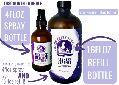 All-Natural Flea + Tick Defense Repellant for Dogs + Cats | 4OZ Spray + 16OZ Refill - Woof Creek Pet Wellness