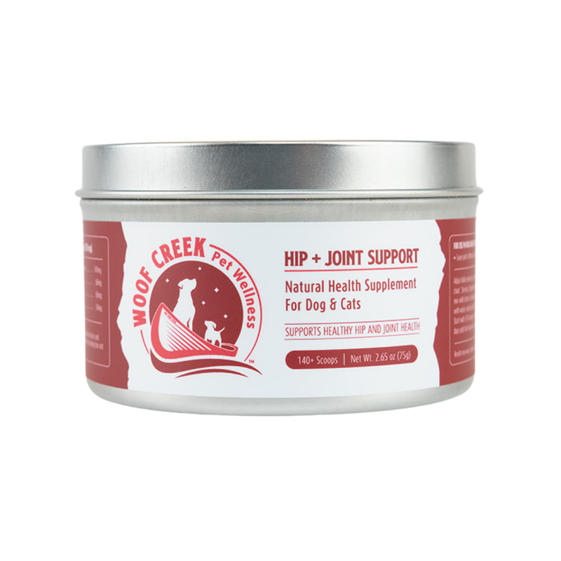 All-natural hip and joint support supplement for dogs and cats from Woof Creek Pet Wellness, featuring pet superfoods in a jar.