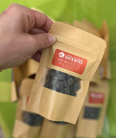 Natural Duck Bites w/Rabbit + Blueberries | 50-Treat .5oz Sampler Pouch for Dogs + Cats - Woof Creek Pet Wellness