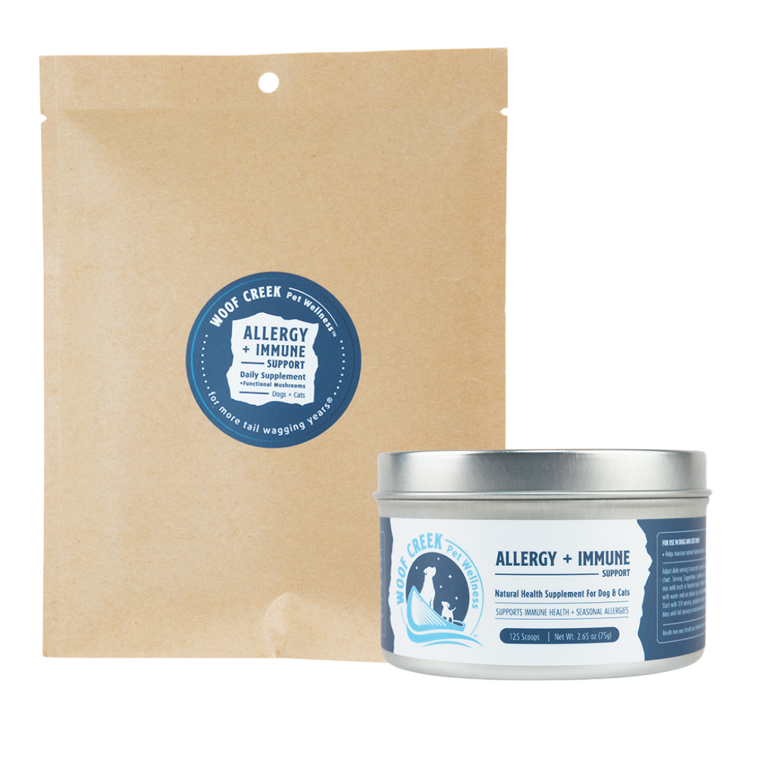 Woof Creek Pet Wellness Allergy and Immune Bundle for dogs and cats, includes supplement and refill pouch, natural pet health support.