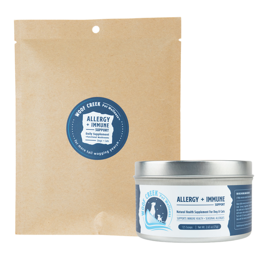 Woof Creek Pet Wellness Allergy and Immune Bundle for dogs and cats, includes supplement and refill pouch, natural pet health support.