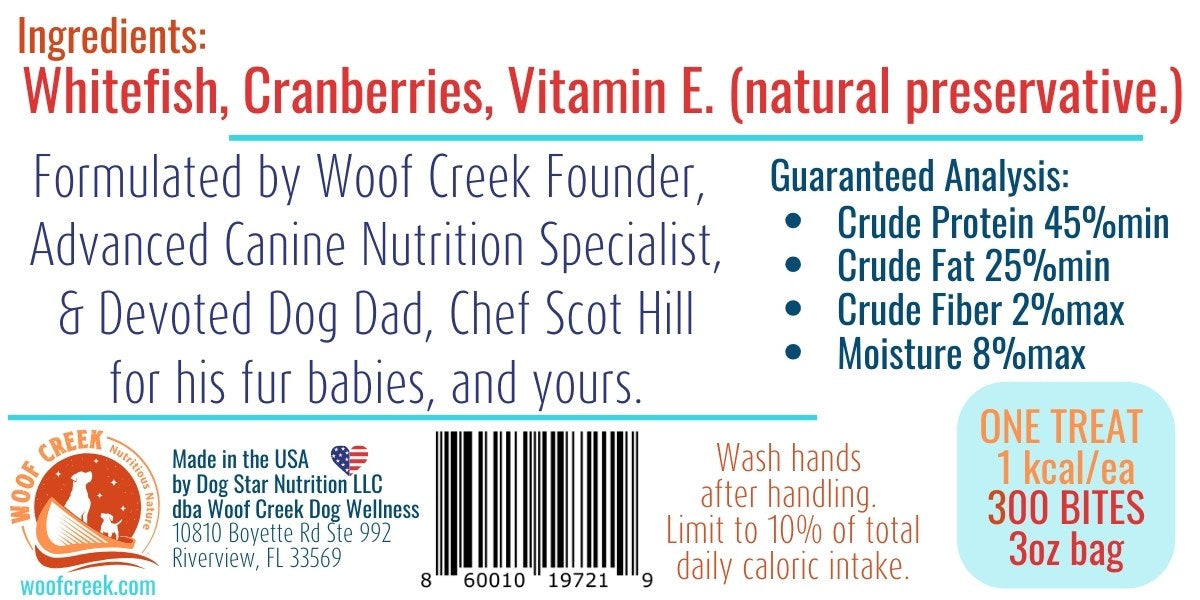 Natural Ocean Bites w/Whitefish + Cranberries | 300-Treat 3oz Pouch - Woof Creek Dog Wellness