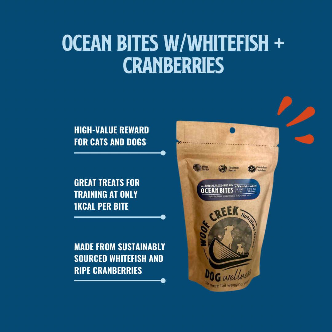 Natural Ocean Bites w/Whitefish + Cranberries | 300-Treat 3oz Pouch for Dogs + Cats - Woof Creek Pet Wellness