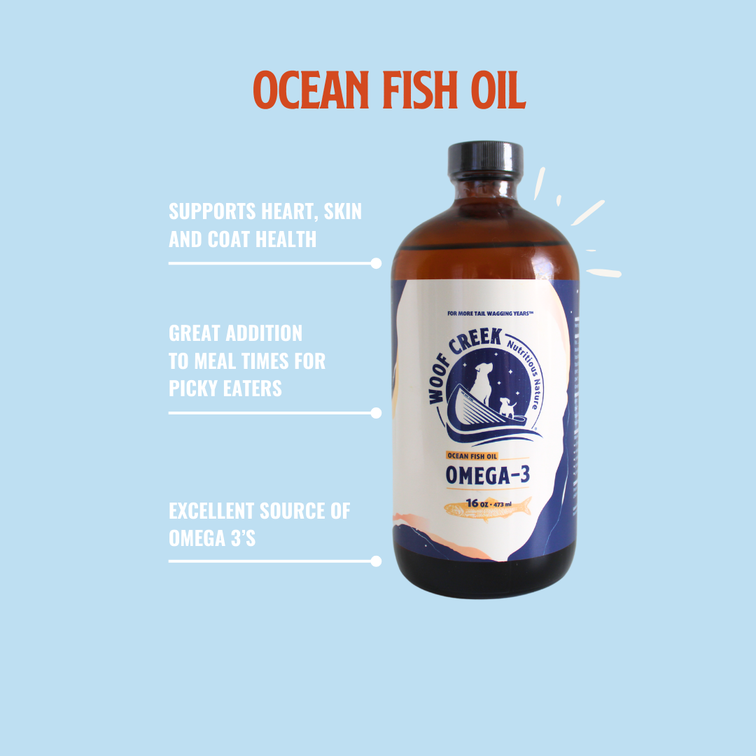Omega 3 Ocean Fish Oil 16floz Glass Bottle for Dogs Cats Woof Creek Pet Wellness
