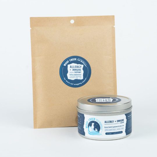 Woof Creek Pet Wellness Allergy and Immune Bundle for dogs and cats, including supplement bottle and refill pouch.