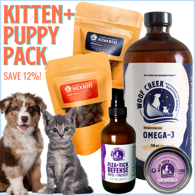 Kitten + Puppy Pack | Natural Treats, Flea + Tick Defense + Lick-safe Balm + Omega-3 - Woof Creek Pet Wellness