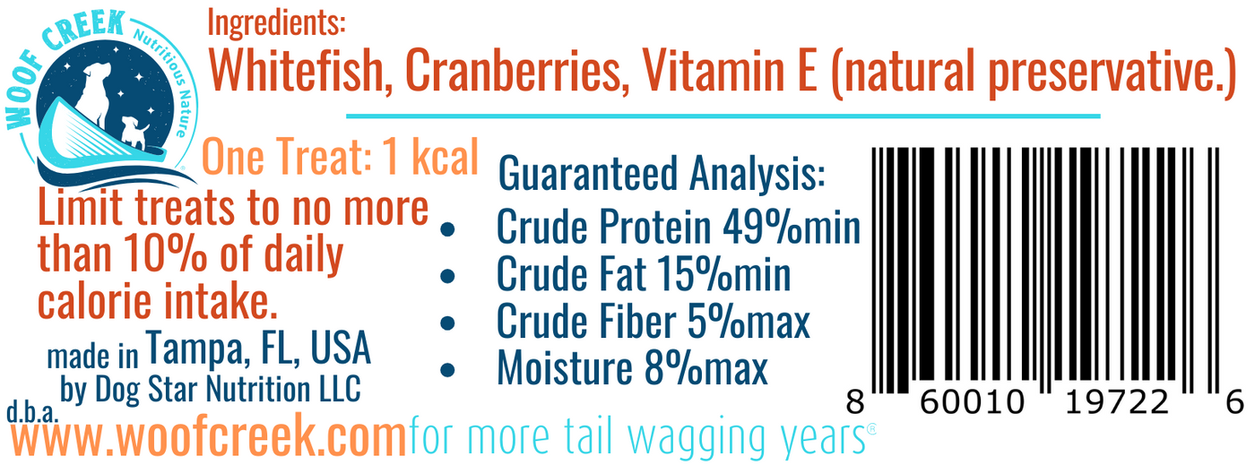 Natural Ocean Bites w/Whitefish + Cranberries | 50-Treat .5oz Sampler Pouch | COMING ANY MINUTE! - Woof Creek Dog Wellness